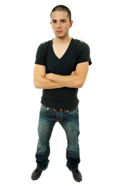 Beyaz arka planda genç, sıradan bir adam.