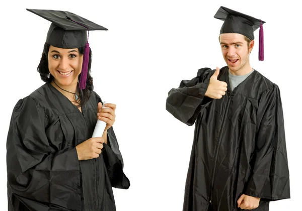 Felice giovane coppia il giorno della laurea, isolato su bianco — Foto Stock