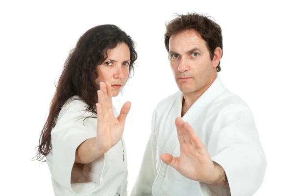 Pareja de profesores de aikido, aislados sobre fondo blanco — Foto de Stock