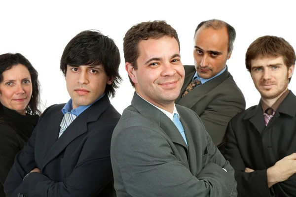 Trabalho em equipe de negócios, isolado em fundo branco, foco no primeiro homem — Fotografia de Stock