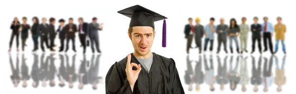 Happy young man after his graduation with some on the back — Stock Photo, Image