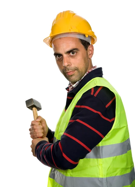 Jonge toevallige werknemer portret met een hamer — Stockfoto
