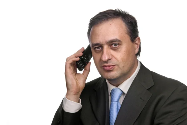 Ο άνθρωπος των επιχειρήσεων στο τηλέφωνο σε λευκό φόντο — Φωτογραφία Αρχείου