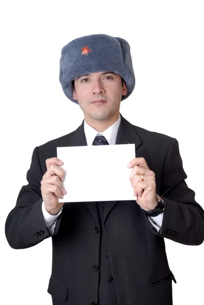 Jovem homem de negócios com um cartão vazio — Fotografia de Stock
