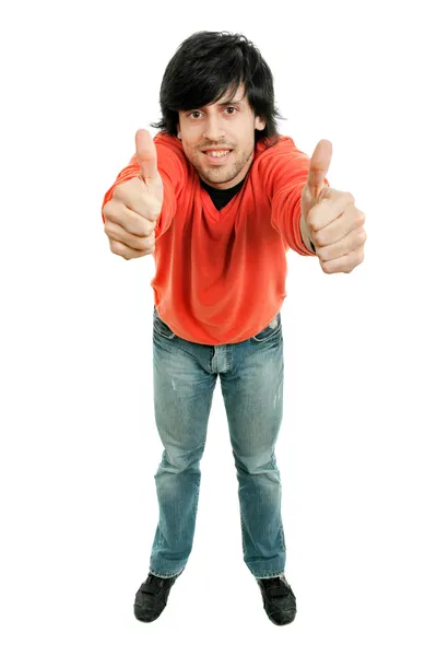 Young casual man going thumb up — Stock Photo, Image