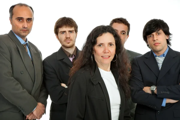 Trabalho em equipe de negócios, isolado em fundo branco, foco no primeiro homem — Fotografia de Stock