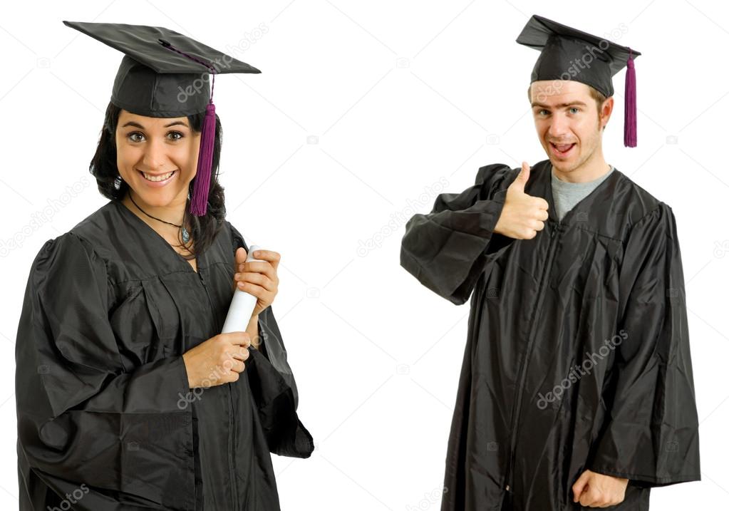 Happy young couple on graduation day, isolated on white