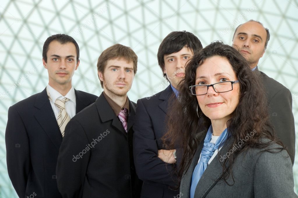 Business team work, isolated on white background, focus on the first man