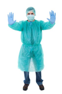 Young male doctor full length, isolated on white background