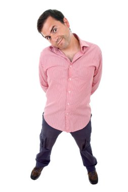 Beyaz arka planda genç, sıradan bir adam.