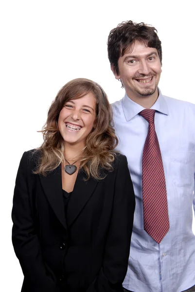 Casal de negócios isolado em fundo branco, foco na mulher — Fotografia de Stock