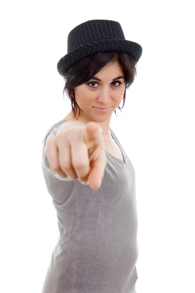 Young happy beautiful woman pointing — Stock Photo, Image