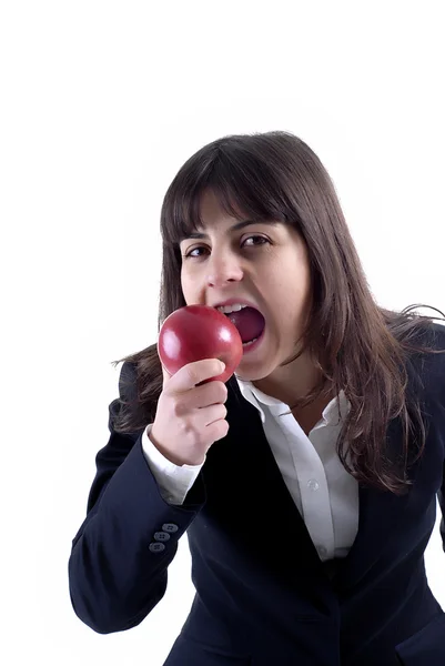 Retrato de mujer joven con una manzana aislada en blanco —  Fotos de Stock