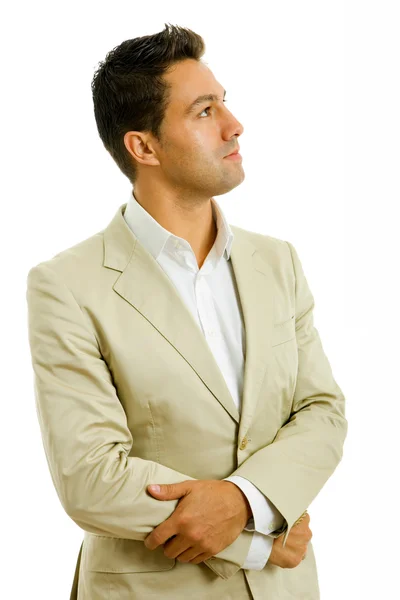 Pensivo jovem homem de negócios retrato em fundo branco — Fotografia de Stock