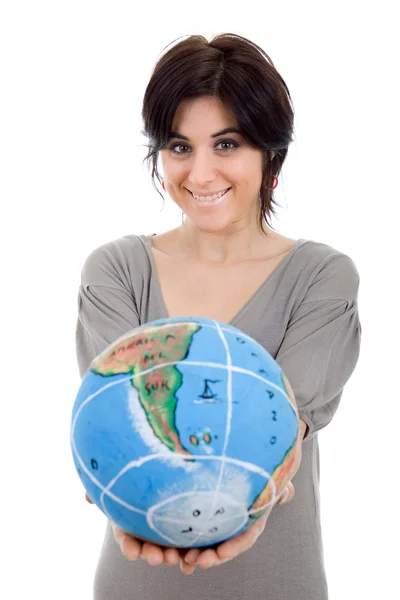 Pretty young woman holding the world in her hands — Stock Photo, Image