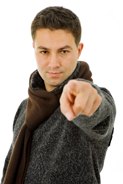 Jonge man wijzend met zijn vinger, geïsoleerd — Stockfoto