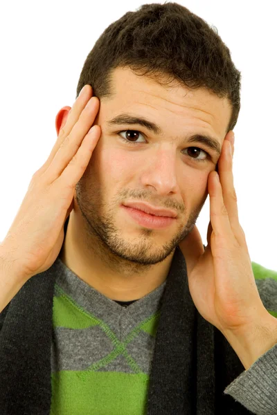 Mladý ležérní muž s bolestí hlavy, izolovaný na bílém — Stock fotografie