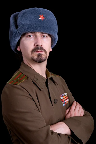 Young man dressed as russian military, studio — Stock Photo, Image