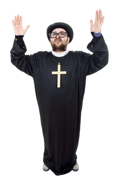 Young man dressed as priest, full length, isolated on white — Stock Photo, Image