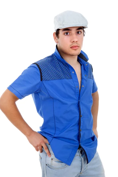 Casual jongeman poseren, geïsoleerde op witte achtergrond — Stockfoto