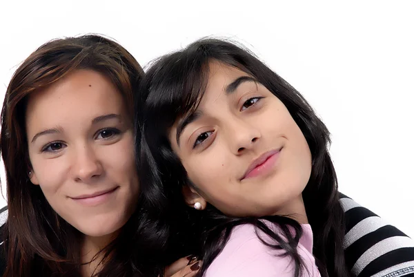 Two young casual girls portrait in studio — Stock Photo, Image