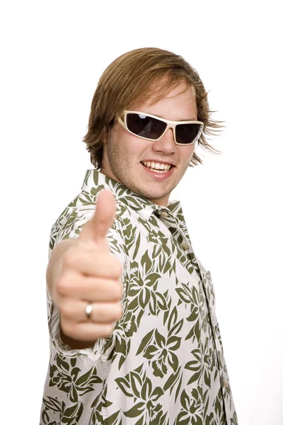 Young casual man going thumbs up isolated on white — Stock Photo, Image