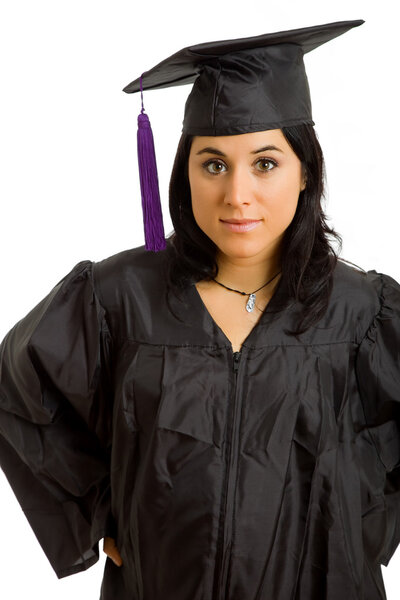 Happy young woman on graduation day, isolated on white