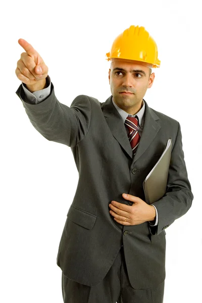 Инженер в жёлтой шляпе, изолированный на белом — стоковое фото
