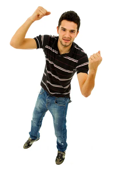 Счастливый молодой человек с изолированными руками на белом — стоковое фото