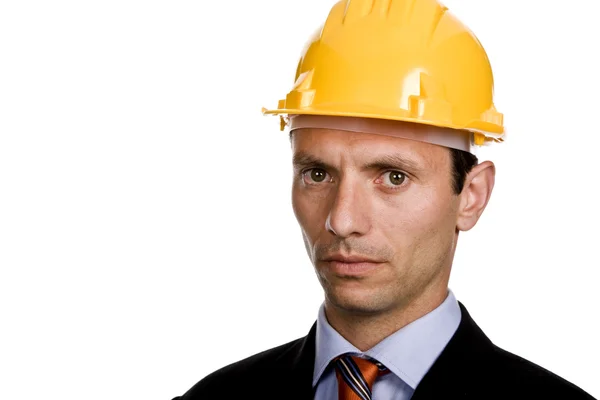 Sárga kalapban, elszigetelt fehér mérnök — Stock Fotó