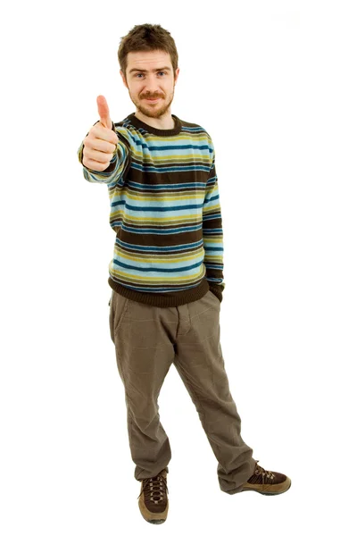 Молодой случайный человек собирается большой палец вверх на белом фоне — стоковое фото