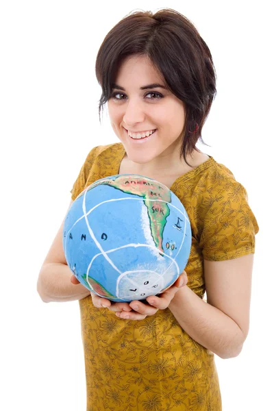 World ipretty young woman holding the world in her hands — Stock Photo, Image