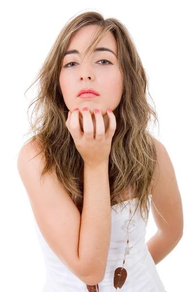 Jong casual mooie vrouw, geïsoleerd in wit — Stockfoto