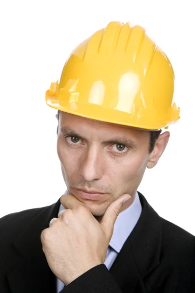 An engineer with yellow hat, isolated on white Royalty Free Stock Images
