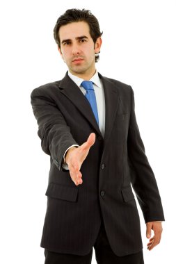 el sallamak sunan takım elbiseli genç adam