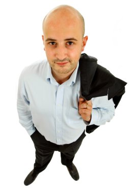 Beyaz arka planda genç, sıradan bir adam.