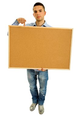 bir afişini tutan genç casual adam