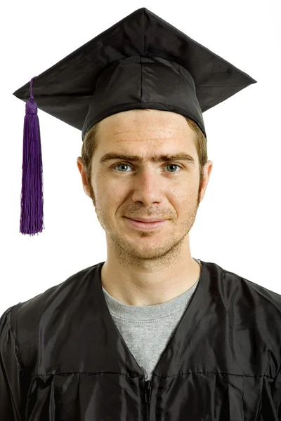 Happy young man after his graduation, isolated on white — Stock Photo, Image