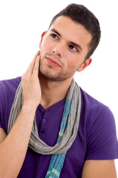 Giovane uomo casual pensare, isolato su bianco — Foto Stock