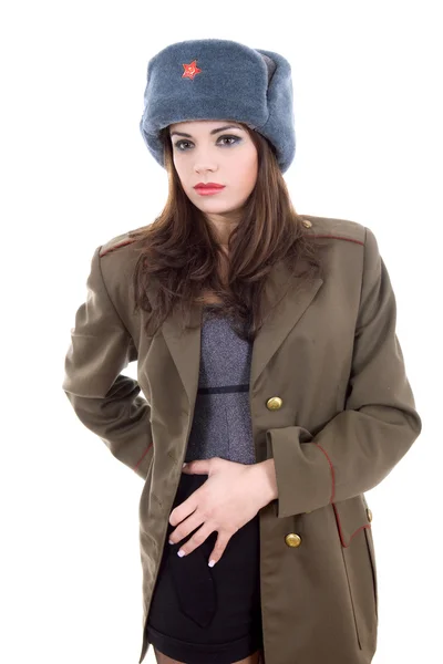 Ung vacker kvinna, klädd som rysk militär — Stockfoto