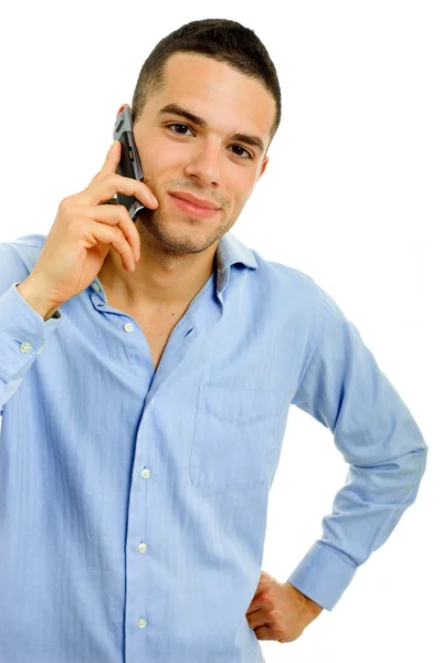 Молодий випадковий чоловік по телефону, ізольований на білому — стокове фото