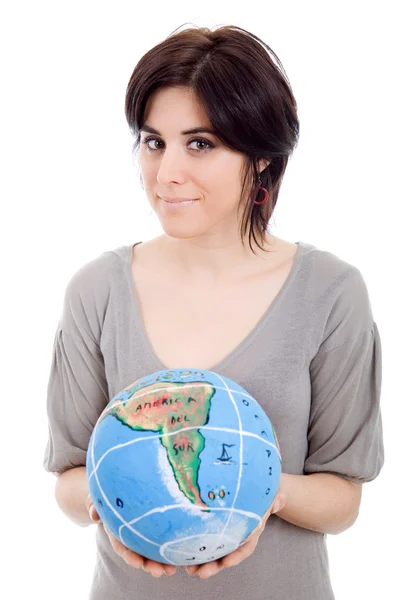 Pretty young woman holding the world in her hands — Stock Photo, Image