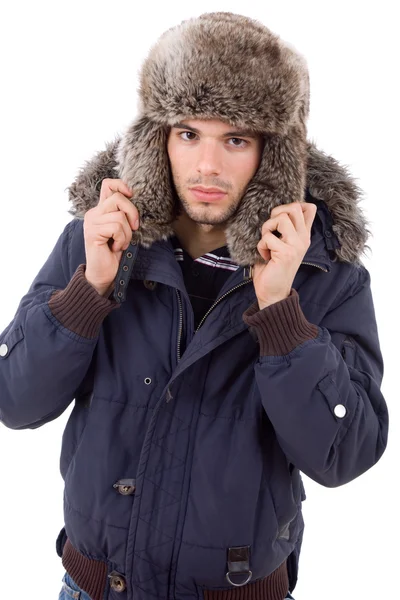 Genç bir adam stüdyo resmi kış için giyinmiş — Stok fotoğraf