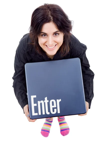 Young beautiful woman with the enter key — Stock Photo, Image
