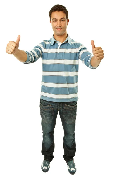 Young casual man going thumbs up — Stock Photo, Image