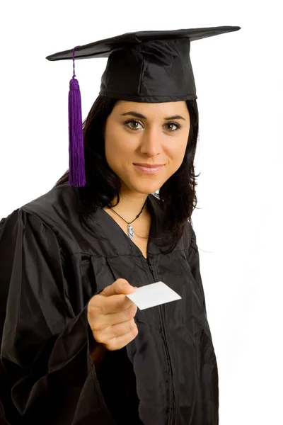 Happy young woman on graduation day, isolated on white — Stock Photo, Image