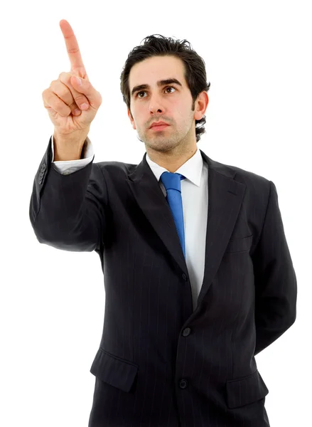 Молодой бизнесмен в костюме показывает пальцем — стоковое фото