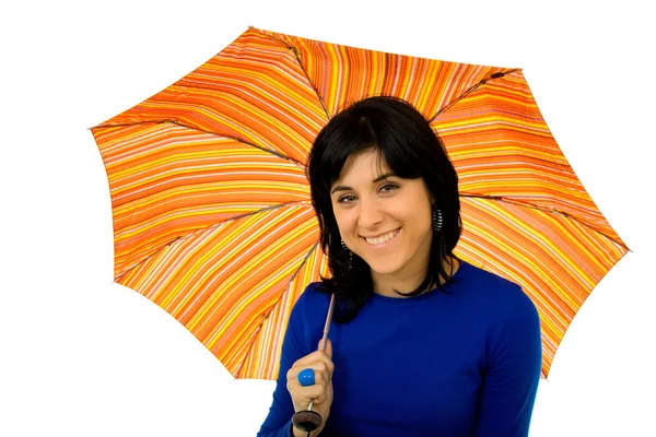 Genç esmer kız şemsiye renkler ile — Stok fotoğraf