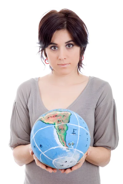 Pretty young woman holding the globe in her hands — Stock Photo, Image