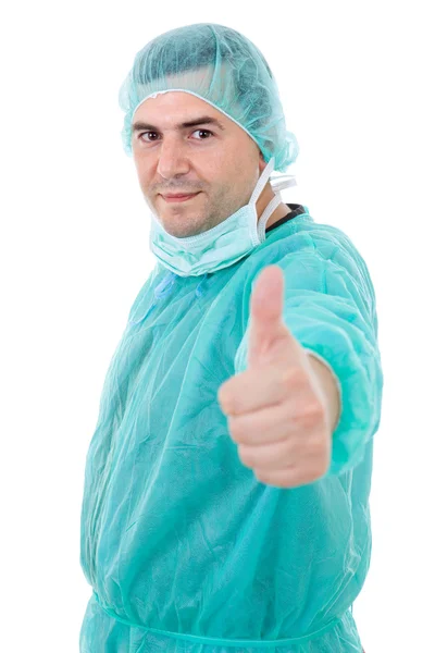 Fiatal férfi orvos hüvelykujjával felfelé — Stock Fotó